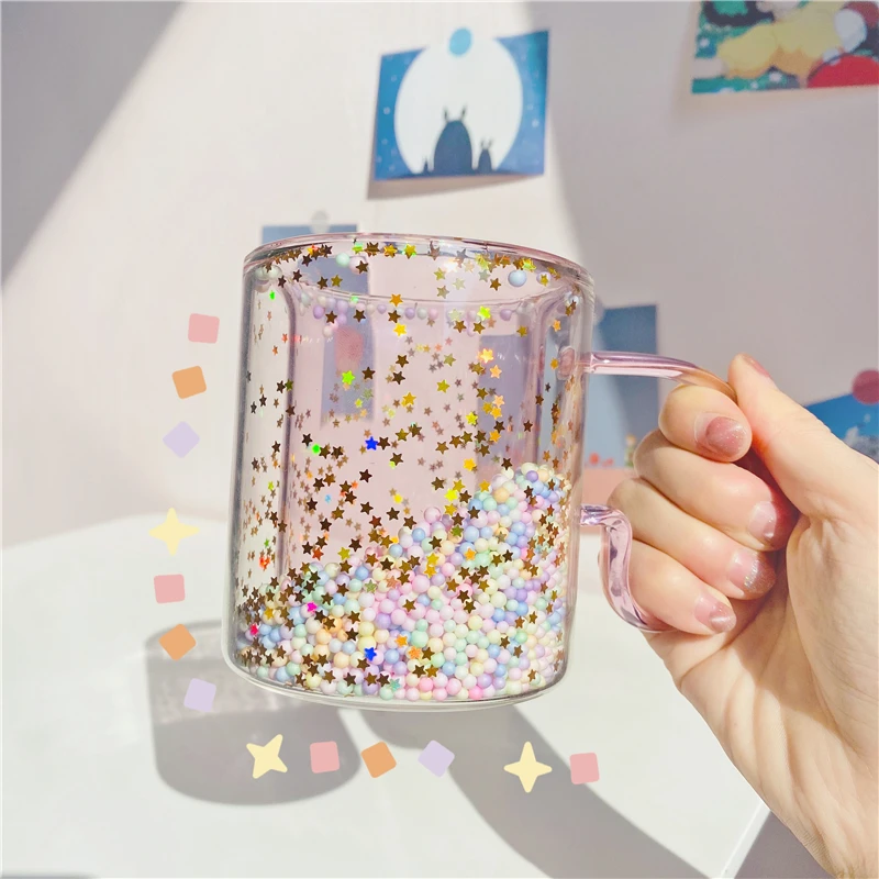 Korean ins Girl Heart Kawaii  Bubble Star Sky Cup Star Sequin Double Wall Glass Coffee Cup Handle Heat Resistant Milk Cup_voghion.com