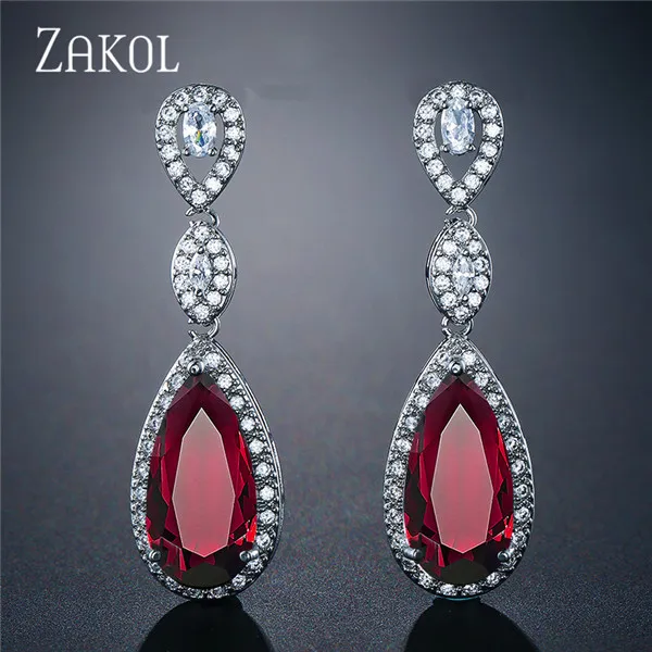 Red ZAKOL роскошные длинные висячие серьги для элегантных женщин Свадебные украшения AAA+ капли воды кубический циркон свадебные серьги FSEP029 - Окраска металла: Red