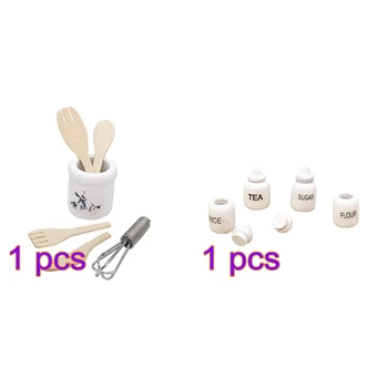 

Miniature Eggbeater Truner Fork Toy Model Set Kitchen Scene Decoration+4Pcs Miniature Food Can Jar Toys For 1:12 Dollhouse