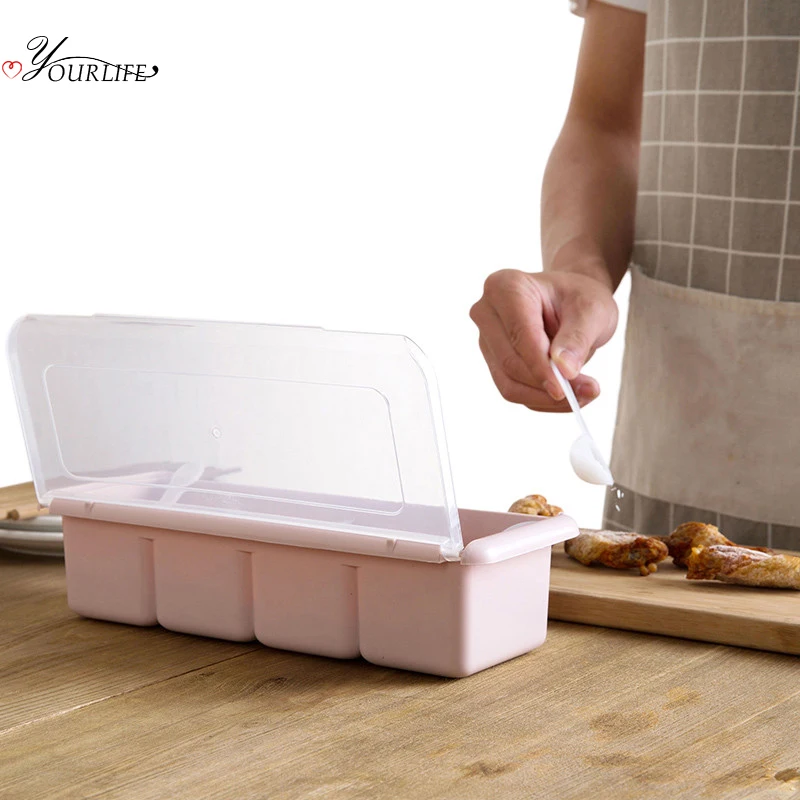 OYOURLIFE Kitchen Salt And Pepper Seasoning Box 4 Grid Storage Spice Organizer Container Spice Rack Kitchen Accessories