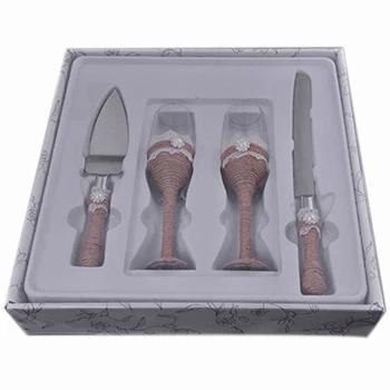 

4Pcs/Set Wedding Jute Knife and Server Set + Wedding Toasting Flutes Champagne Glasses