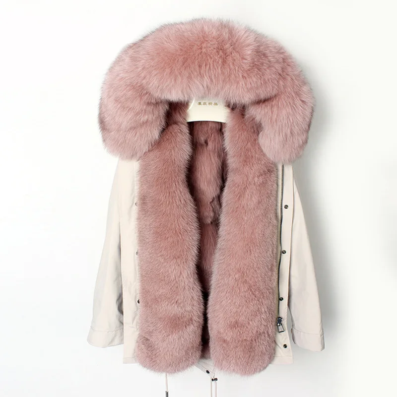 beige pink OFTBUY водонепроницаемая ткань пальто с натуральным мехом зимняя куртка женская длинная парка натуральный Лисий Мех капюшон Толстая теплая уличная верхняя одежда - Цвет: beige pink