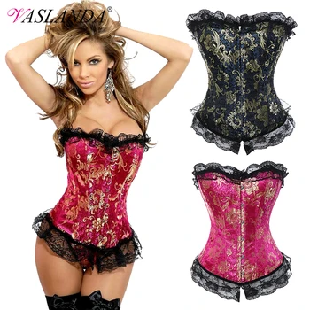 

VASLANDA Floral Lace Trim Overbust Corset Waist Cincher Bustier Top Steampunk Gothic Boned Gorset Plus Size Burlesque Corselet