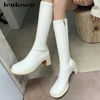 

Lenkisen hot riding boots real leather stretch european design round toe thick high heel zipper elegant lady knee-high boots L10