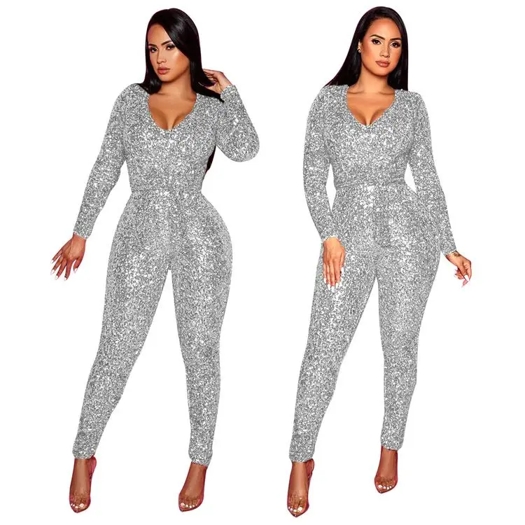 

2020 New Fashion Casual Long Sleeve Solid Color Including Belt Sequins Night Club Jumpsuit Senior Women Fashion Clothing Women's
