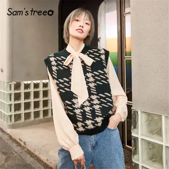 

SAM'S TREE Houndstooth Print Knitted Vest Preppy Sweater Vest Women 2020 Spring Sleeveless Vintage Office Ladies Basic Tops