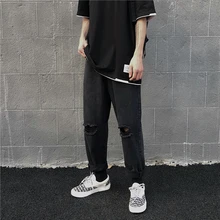 Ripped Straight Jeans Men's Fashion Washed Casual Hole Black Jeans Pants Men Streetwear Wild Loose Hip Hop Denim Trousers Mens