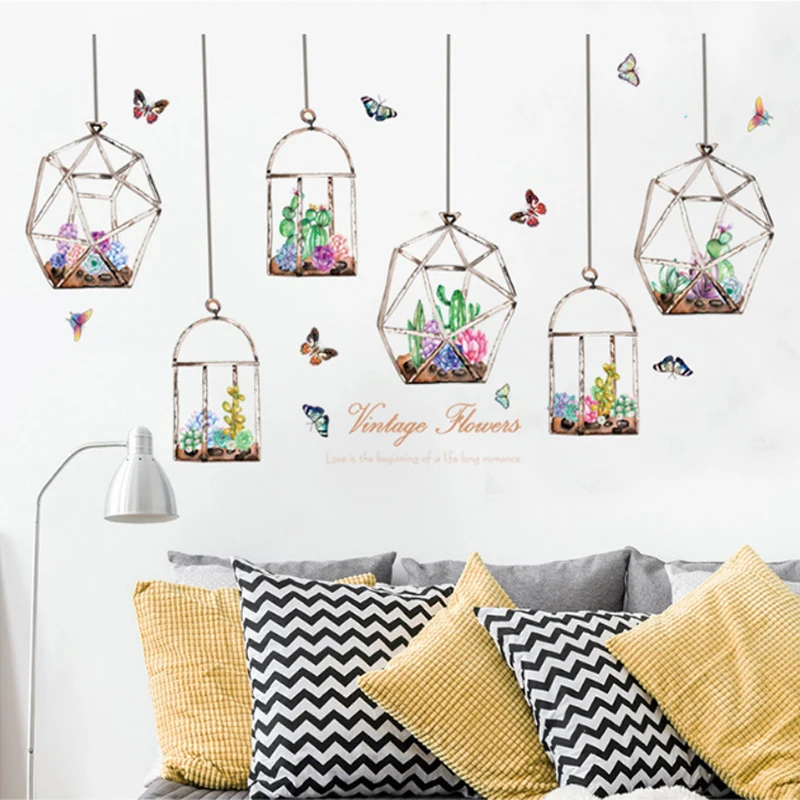 

Colorful cactus flowers hanging on glass bottle Wall stickers butterflies stickers for living room bedroom art mural decals
