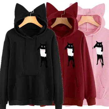 

2019 Newest Women Casual Hoodies Cute Sweatshirts Solid Cat Ear Long Sleeve Pocket Irregular Top Sweat Shirts Dropshipping
