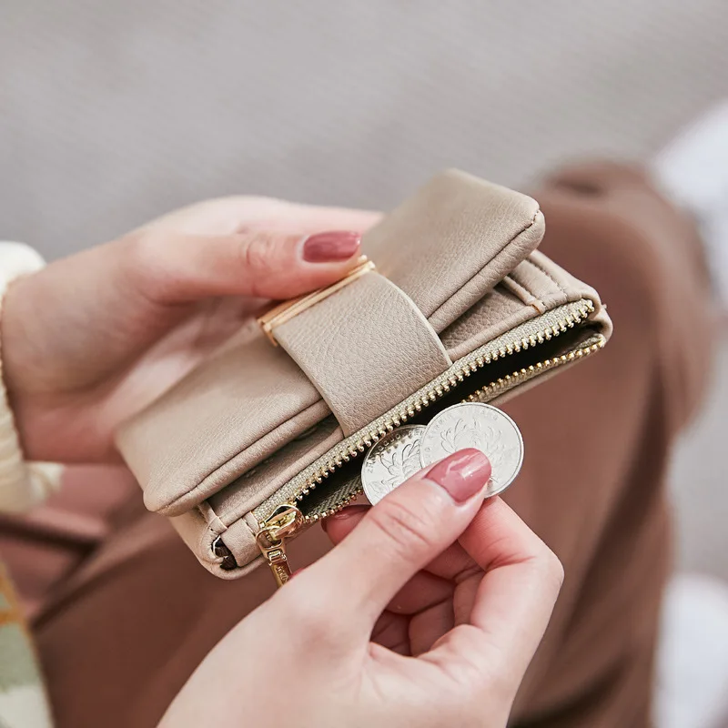 New retro elegant women's short wallet ladies foldable short coin purse simple student leather wallet coin bag