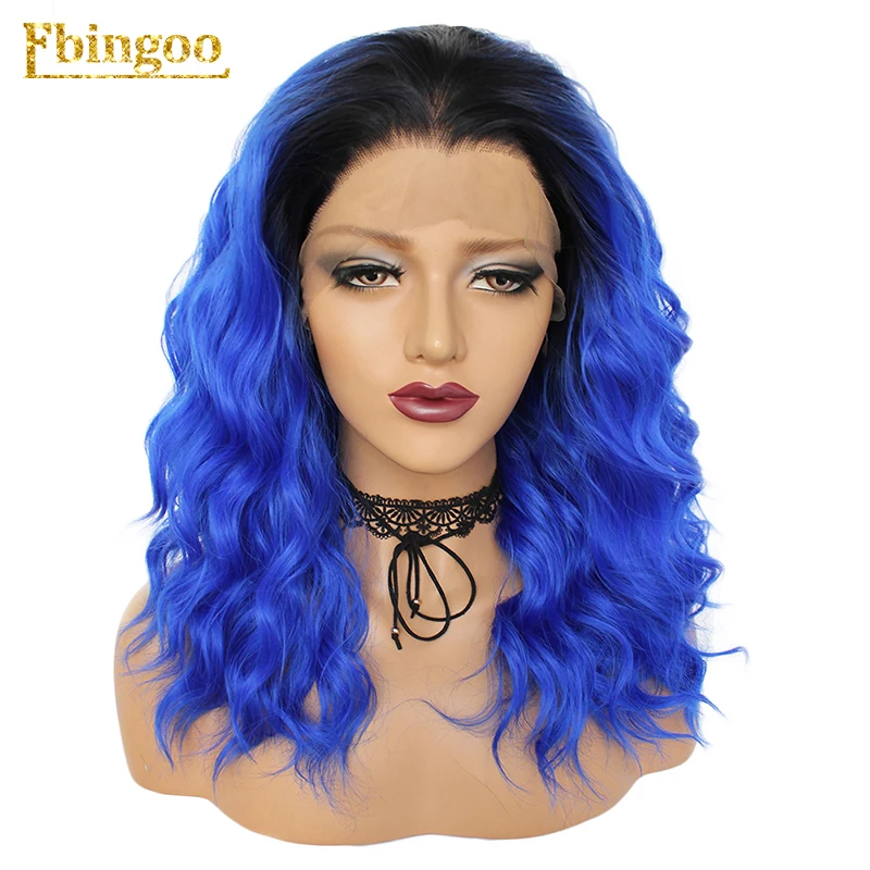 Ebingoo Ombre зеленый оранжевый синий синтетический парик на кружеве средней длины волна воды высокая температура волокна волос парики для женщин