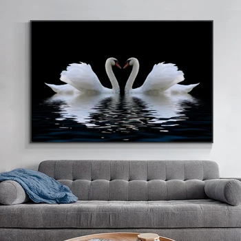Swans in Love On Water Artwork Printed on Canvas 3