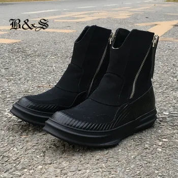 

Black&Street Winter Plush warm genuine leather + canvas dual zipper personalized trainer men Boots