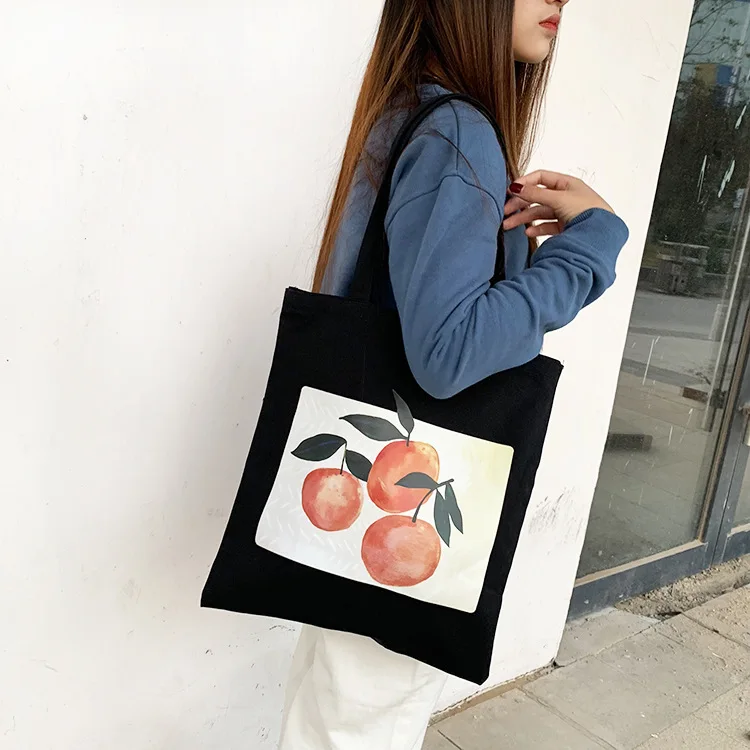 Женские сумки для покупок с оранжевым принтом, сумки через плечо для школьниц, тканевые сумки, сумки-тоут Bolsas De Tela - Цвет: black