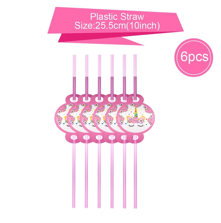 HUIRAN Единорог одноразовая посуда для вечеринки Единорог украшения на день рождения Аксессуары «Единорог» предметы для вечеринки, сувениры Unicornio - Цвет: Plastic Straw 6pcs