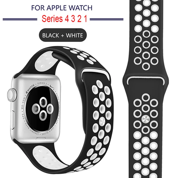 Дышащий силиконовый спортивный ремешок для Apple Watch 5, 4, 3, 2, 1, 42 мм, 38 мм, резиновый ремешок для Nike+ Iwatch 5, 4, 3, 40 мм, 44 мм - Цвет ремешка: 6 Black White