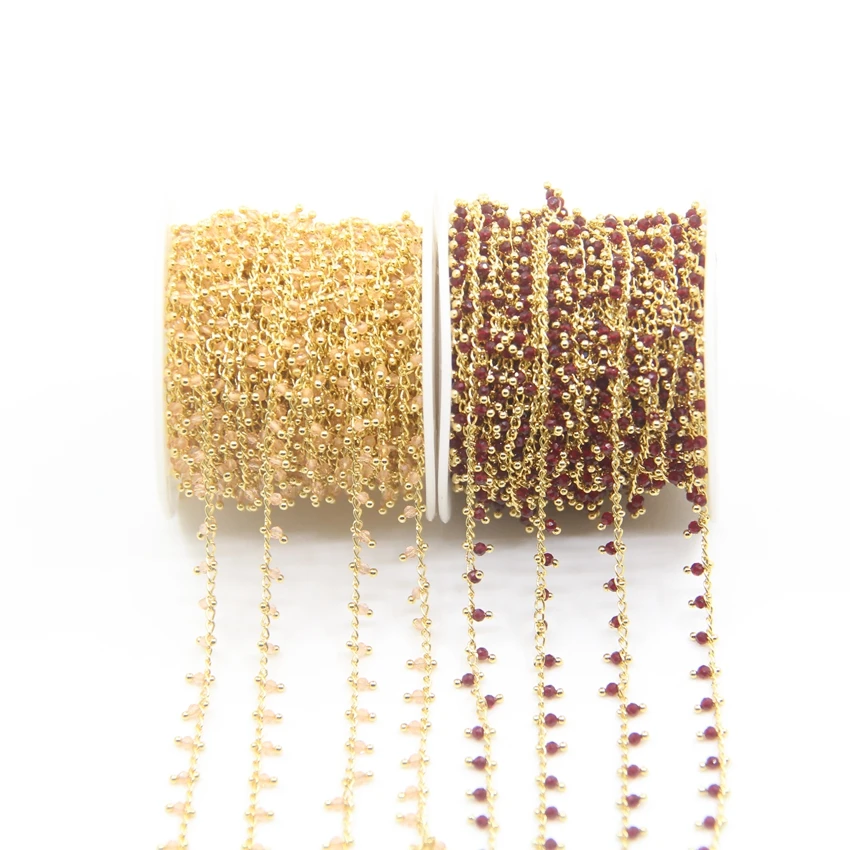 5Meter 11Color Choice 2mm Faceted Round Glass Beads Rosary Chains,Plated Gold Brass Wrapped Small Glass Beaded Necklace Chains