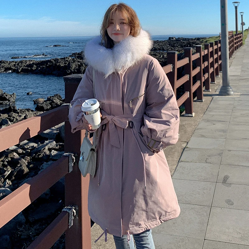 Зимнее теплое хлопковое пальто для женщин, однотонное, на шнуровке, на молнии, модная, с подкладкой, средней длины, парка, куртка для девушек, утепленная, с капюшоном, Veste Femme