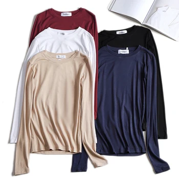 

High Quality Plain T Shirt Women Cotton Knitted Slim Elastic Basic T-shirts Female Casual Tops Long Sleeve T-shirt Women 2020