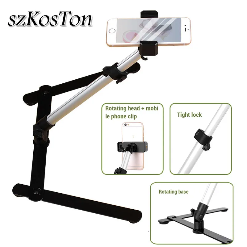 Hilitand Phone Photography Video Bracket Stand,360° Free Rotate Foldable Arm Overhead Low Angle Photo Shooting Live Recording Desktop Mount Stick Holder Extension Rod Pole,with 5.3-10cm Phone Clip 