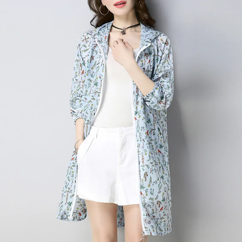 

Sun Protection Clothing Female 2019 Summer New Style Korean-style Trend Floral Cool Middle Long Coat Thin Hooded Long Sleeve