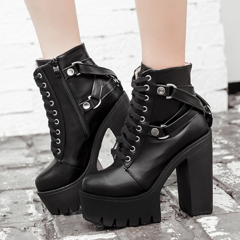 Botas negras de tacón para mujer, zapatos de plataforma de cuero suave con  encaje de otoño, botines de fiesta, tacones altos Punk|Botas hasta el  tobillo| - AliExpress