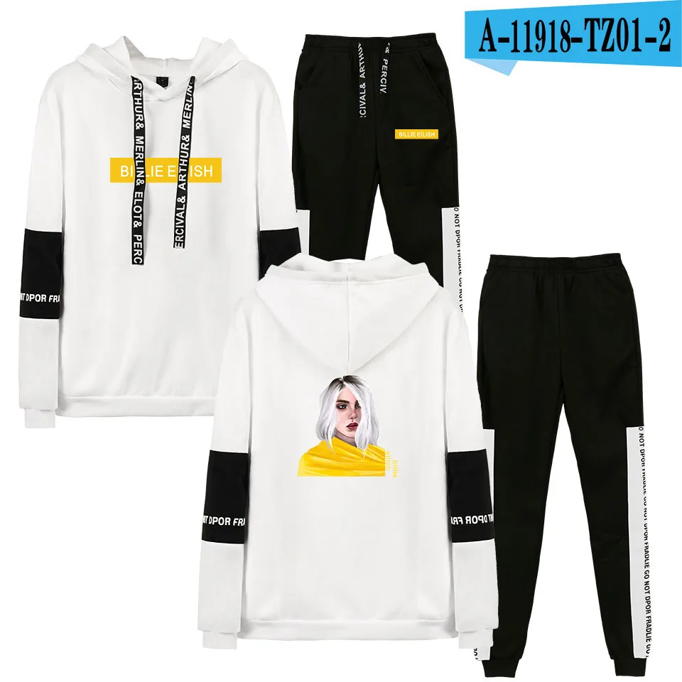 white Billie Eilish Billie Eilish толстовка с капюшоном, наборы для мужчин и женщин, Повседневная Толстовка с капюшоном+ спортивные штаны, набор, весна-осень, спортивная одежда, дикий комплект - Цвет: white Billie Eilish