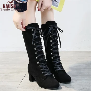 

2020 Winter Women's Boots Fashion Lace-up Square Heel Mid-tube Suede Boots Round Toe High Heel Mid-calf Boots Zapatos De Mujer