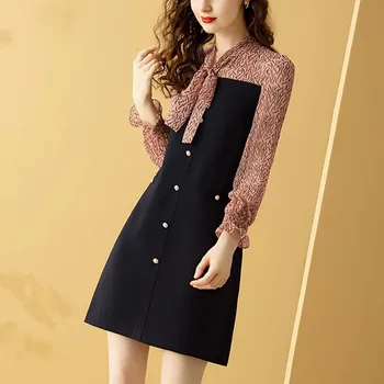 

Gedivoen Autumn Elegant Sweet Short Mini Dress Fashion Runway Bow Collar Printed A Line Dress Party Dresses Vestidos 2020