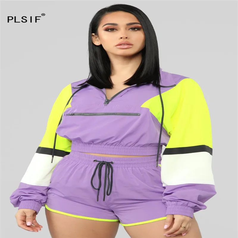 Fashion style lady tracksuit turn-down collar long sleeve crop top and hot shorts 2 piece set casual sports outfit |
