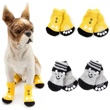 

4Pcs Dog Cotton Knitted Socks Small Dogs Cat Shoes Chihuahua Thick Warm Paw Protector Dog Socks Booties Accessories