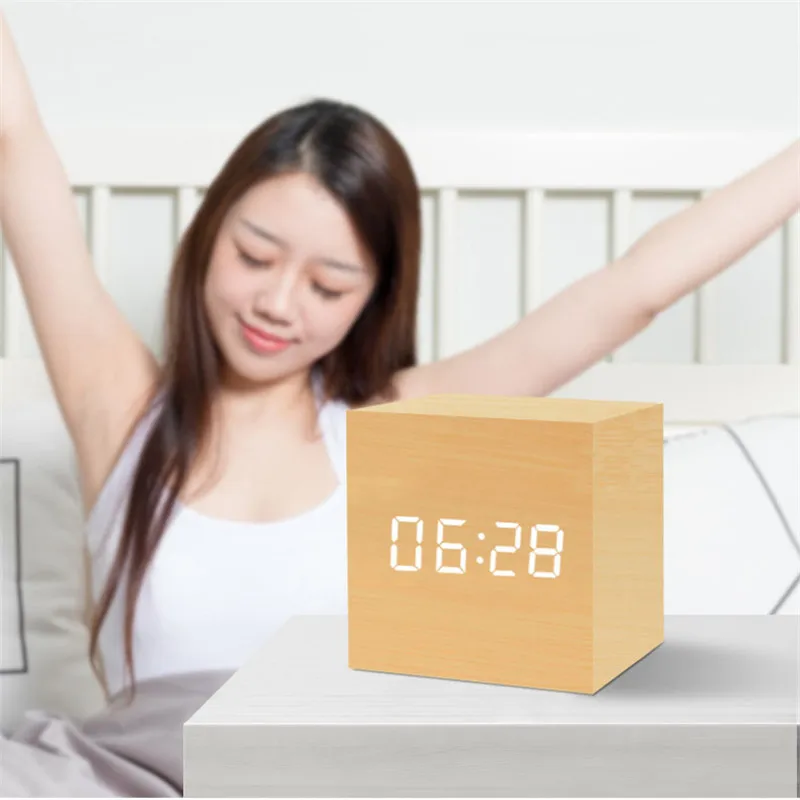 

New Intelligent Digital Wooden LED Alarm Clock Wood Retro Glow Clock Desktop Table Decor Voice Control Snooze Function Desk Tool