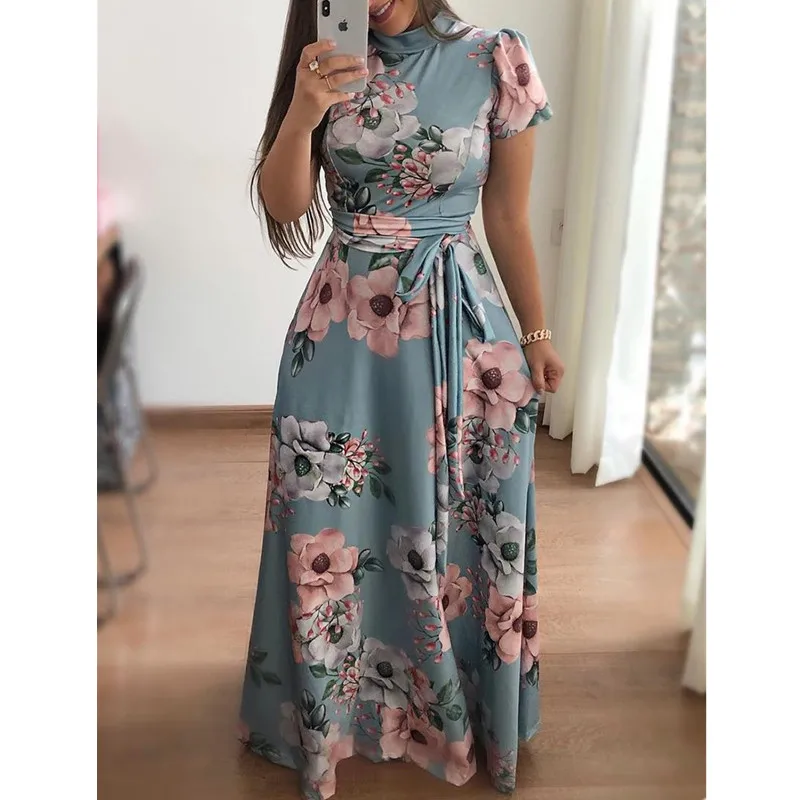 New Womne's Dress Bohomia Flower Print Maixi Dresses Fashion Belt Tunic Boho Eveing Party Midi Vestido | Женская одежда