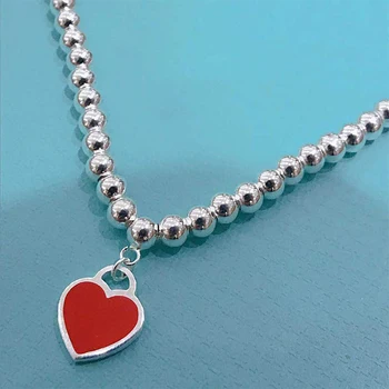 

TIF 1:1 Pure silver S925 red gutta dropping heart necklace for women jewelry