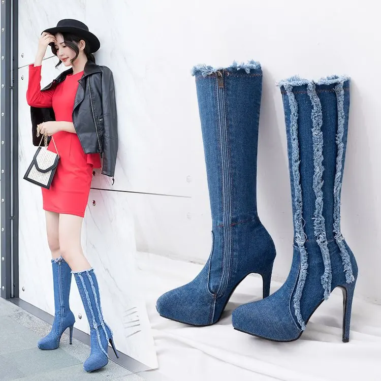 

Europe And America Martin Boots Thin Heeled WOMEN'S Shoes Super High Heels Boots Waterproof Platform round-Toe Side Zipper Loc