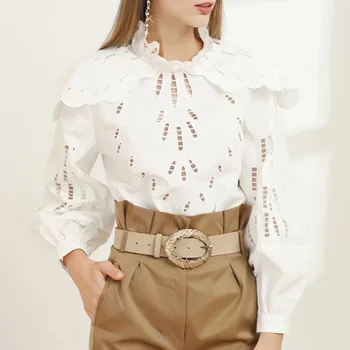 

Australia Brand Temperament 2020 Early Women's Wear Li Collar Lantern Sleeve Hollow Out Splicing Long Sleeve Shirt Top