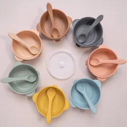 Cuenco de silicona Multicolor para suplemento alimenticio para bebé, cuchara suave, plato de silicona, vajilla para autocomer para niños