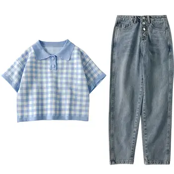 

Fashion suit female 2020 summer new student lattice short-sleeved shirt straight straight thin denim trousers two-piece suit