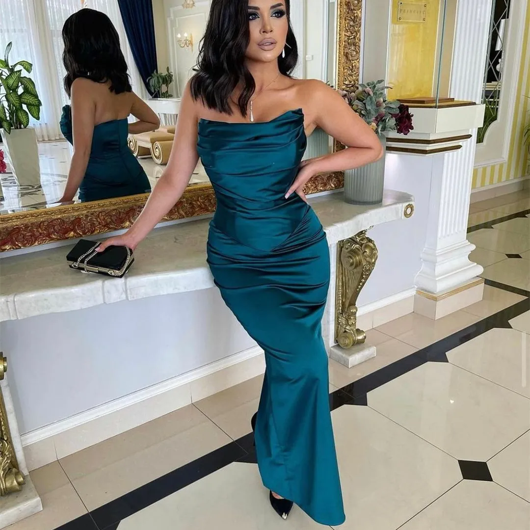 

Strapless Long Mermaid Muslim Evening Dresses Sleeveless Bodycon Corset Back Pleated Satin Robe De Mariée Party Gowns For Women