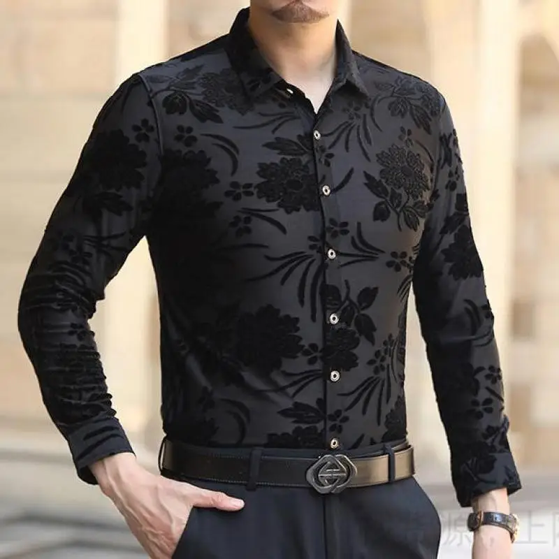 Claret Velvet Shirts For Mens Velour Black Luxury Hollow Stretch ...