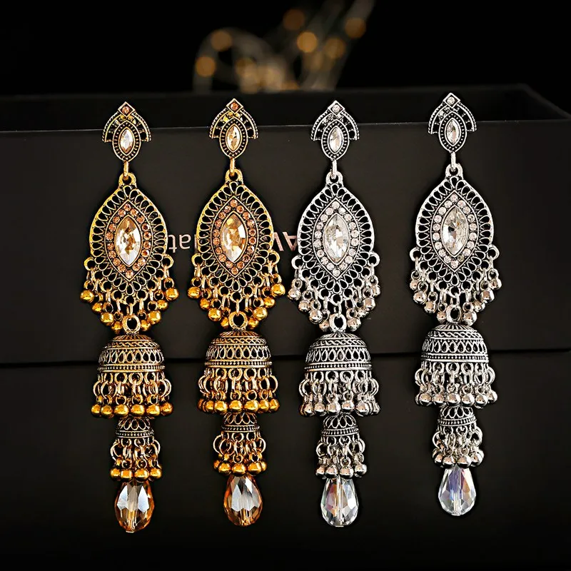 TopHanqi индийский Jhumka Jhumki Женский Золотой Серебряный Длинный хрустальный бисер сглаза висячие серьги Бохо Цыганский родовой ювелирные изделия