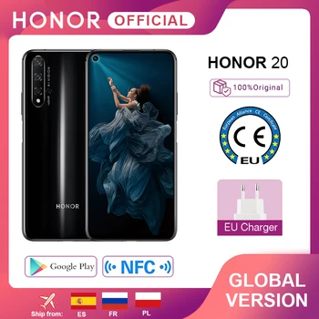 Перейти на Алиэкспресс и купить Глобальная версия Honor 20 мобильный телефон Kiri 980 Восьмиядерный 6,26 ''6GB128GB 48MP четыре камеры SuperCharge смартфон NFC Google Play