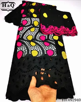 

H&Q latest black swiss voile lace 100% cotton fabric embroidered with stones 5 yards + 2 yards african dry laces chiffon fabrics