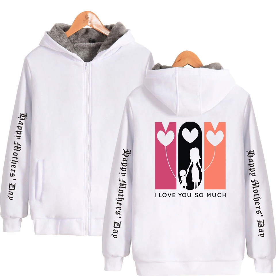 Mother's Day Print Casual Zipper Hoodie Jacket Trend New Fashion Long-sleeved Thick Jacket Large Size Clothes Winter New Style