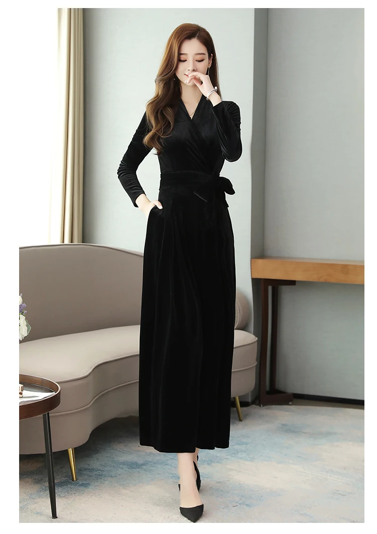 long sleeve velvet jumpsuit women winter Runway elegant black V Neck plus size wide leg sashes maxi floor length romper