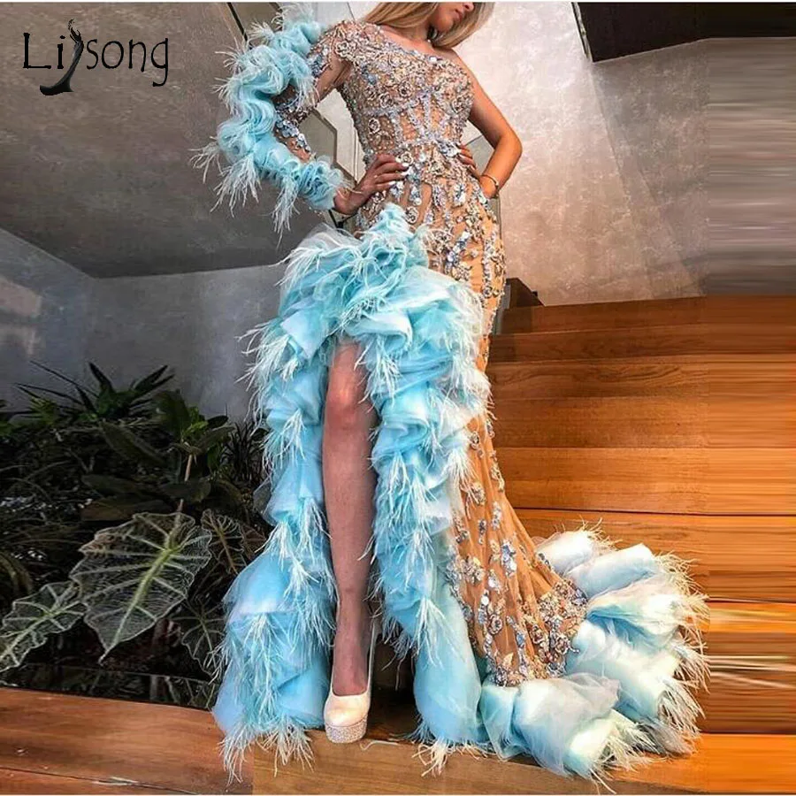 Luxury Sparkle Beaded Mermaid Prom Dresses Sexy Ruffles Feather Crystal Long Prom Gowns Champagne Formal Dress One Shoulder prom & dance dresses