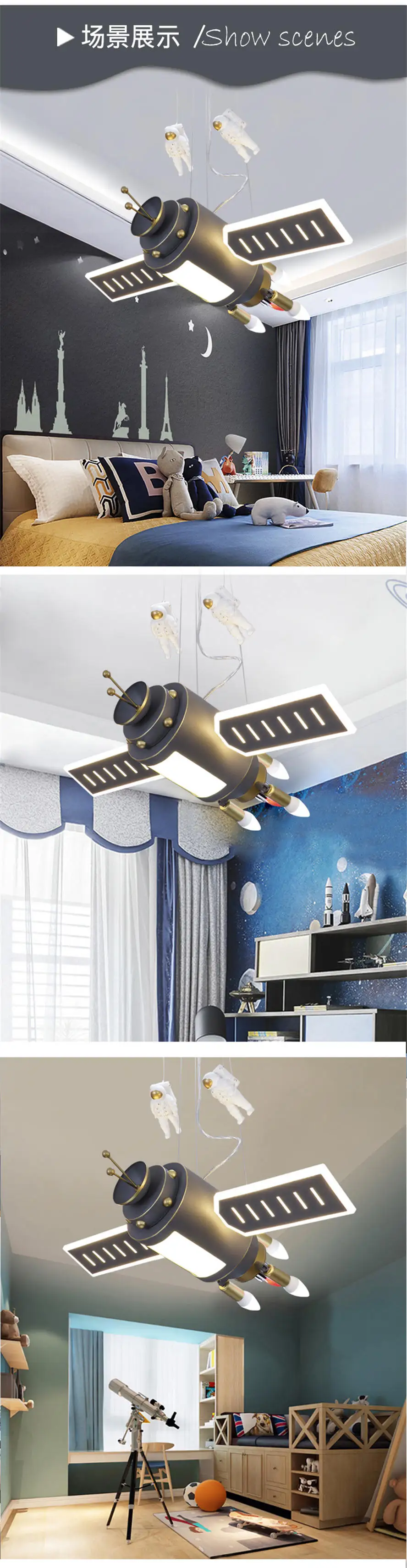 cartoon satellite astronaut led chandelier lighting for children bedroom living room personality hanging light fixtures luster