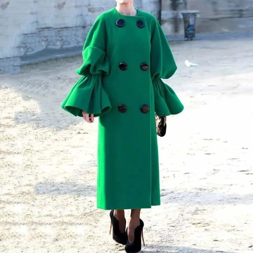 Винтажное Элегантное длинное пальто для женщин, модное зеленое повседневное пальто с длинным рукавом, осенне-зимнее пальто, ретро Женская верхняя одежда