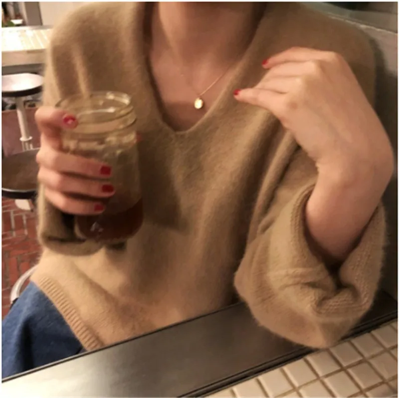 Korobov корейский однотонный базовый с длинным рукавом женский свитер винтажный v-образный вырез осень зима пуловеры Harajuku вязаный ангорковый джемпер 79142