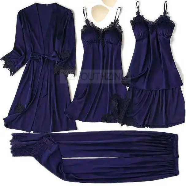 Pajama Set Women Lace Trim Satin Sleepwear Pyjamas Pour Femme Summer Nightwear With Pants Casual Home Wear Kimono Robe Gown PJS Navy Blue A